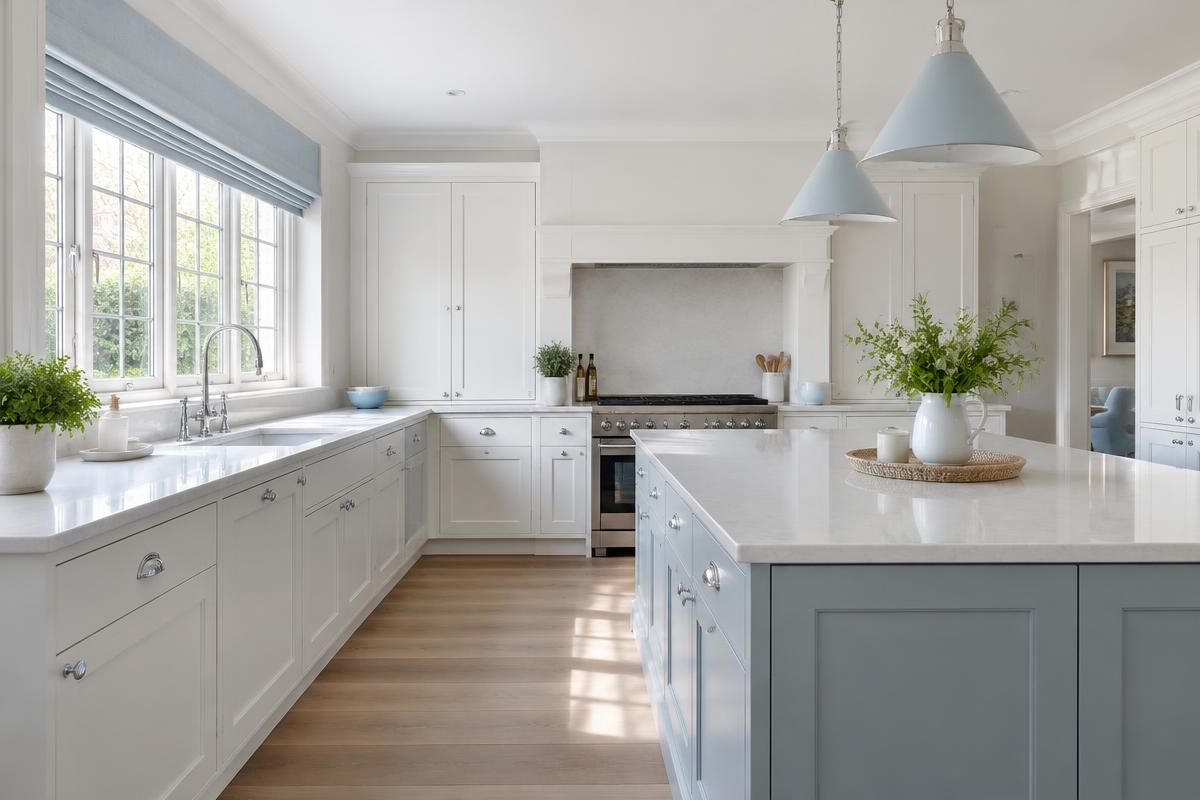 An immaculate kitchen with clean worktops and cabinetry